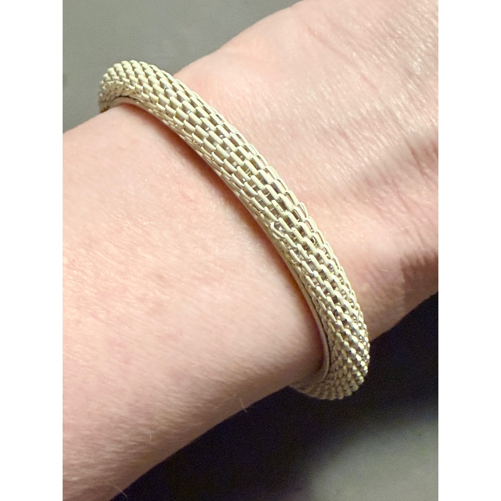 Cream Mesh‎ Gold Tone End Cap Open Cuff Bracelet Modernist Industrial Design